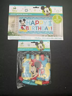 5ft Long Disney Baby Mickey Mouse Happy 1st Birthday Banner & 8 Blowouts! • $6.88