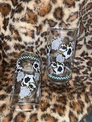 Vintage Libbey Cow Tumblers Glasses W/ Green & White Checkerboard Pattern • $30