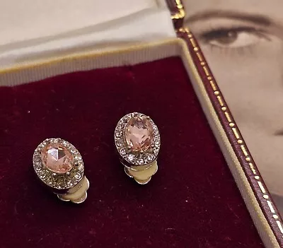 VINTAGE EARRINGS 70s  DUSKY PINK RHINESTONE CLIP ON DAINTY COSTUME JEWELLERY • £6.99