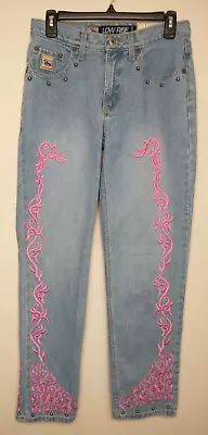 CRUEL GIRL Womens Relaxed Low Rise Sz 5 Jeans Pink Embroidery Studded Lightwash • $11.50