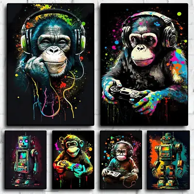 Monkey Gamer Canvas Print: Retro Wall Art For Gaming Room Aesthetics • £11.99