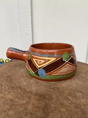 Vintage MEXICAN COLORFUL CLAY PLANTER FLOWER POT W/ HANDLE Hand Painted 8 1/2   • $30