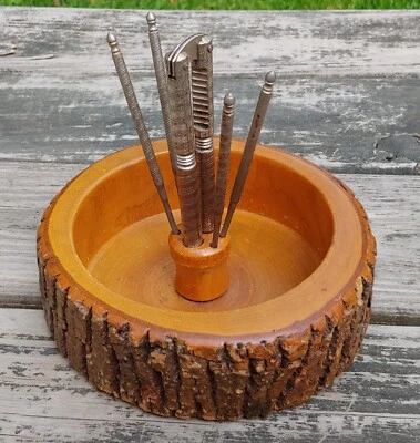 $36 • Buy Vintage NUT CRACKER SET With 7  Wood LOG BARK BOWL, 1 Cracker & 4 Picks
