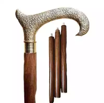 Foldable Walking Stick With Brass Head Handle Victorian Wooden Cane Vintage Gift • $36.09