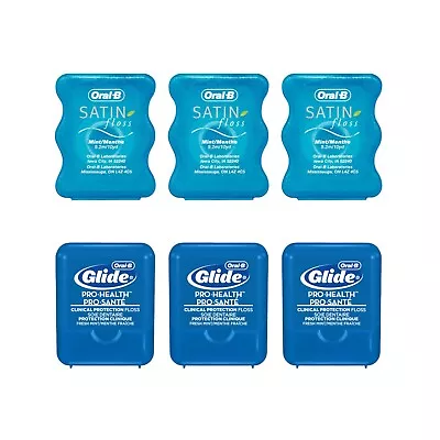 Oral B Satin Floss 10yd X3 & Oral B Glide Pro Health Floss 4.3yd X3 Lot - New • $8.87