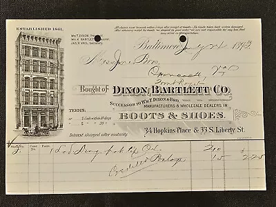 1893 Dixon Bartlett Co Boots & Shoes Illustrated Billhead Receipt Baltimore MD • $15