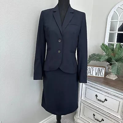 J Crew Business Suit Skirt Pinstripe Blazer Set Navy Blue Women's Size 4 Wool • $49.99