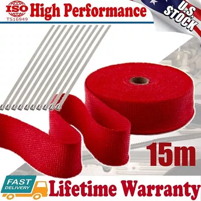 2  X 50FT Red Fiberglass Exhaust Header Pipe Heat Wrap Tape + 10 Steel Ties Kit • $16.75