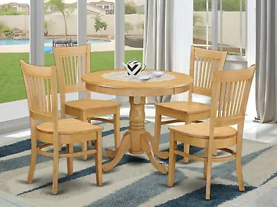 5pc Kitchen Dinette 36  Round Pedestal Table + 4 Wood Dining Chairs Light Oak • $540