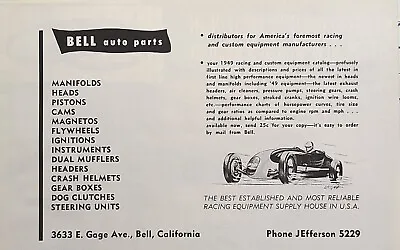 Bell CA Auto Parts Speed Racing Hot Rod Mancave Garage Vintage Print Ad 1949 • $12.77