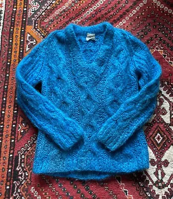 Vintage 60s 70s Sweater Mohair Wool Teal Blue Italian V Neck Size Medium • $37.99