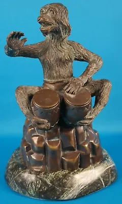 Bronze/Copper Monkey Playing Drums On Rock Sculpture W/ Marble Base • $199.99