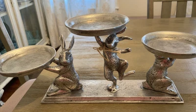 $99.99 • Buy Pottery Barn Farmer Bunny Pillar Candle Holder ~ Silver ~ Easter ~ 3 Bunnnies