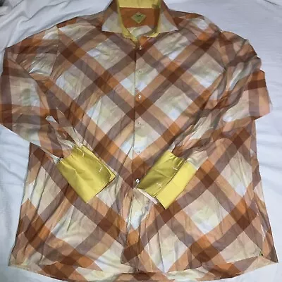 Steven Land 2XLT 16.5 Neck French Cuff 100% Cotton Orange And Yellow Plaid • $22.99