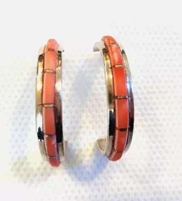 Vintage Nastacio Zuni Sterling Silver  Coral   Half Hoop Post Earrings 1  • $36.99