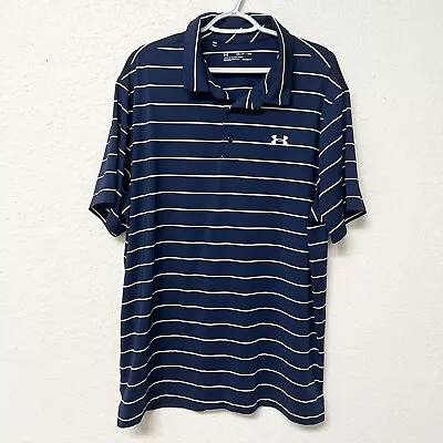 Under Armour Loose HeatGear Golf Short Sleeve Polo Shirt Blue Stripe Size XXL • $21.99