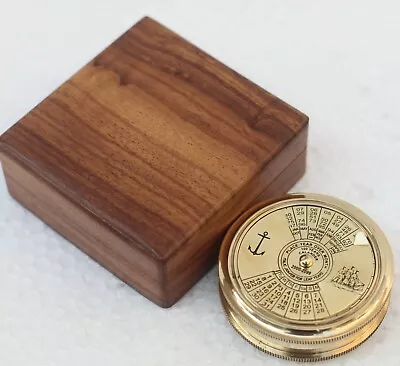 Shiny Brass 100 Year Calendar Nautical Compass With Wooden Box • $22.39