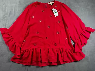 New MICHAEL KORS Womens Blouse L Large RED Top Tunic Boxy Blouson Flared Sleeves • $29.82