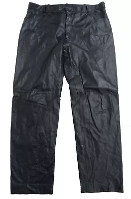 C&A Vintage 90s Black Leather Straight Classic Jeans Biker Trousers W36  L30  • $50.52