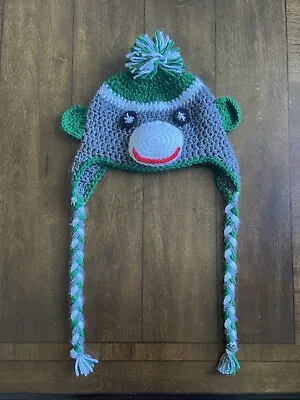 £11.73 • Buy Handmade Crocheted Beanie Toboggan Sock Monkey Pom Pom W/Ear Flap Cover