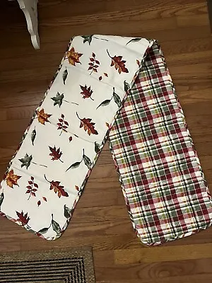 Vintage Quilted Reversible Autumn/ Christmas Leaves / Plaid TABLE RUNNER 72” L. • $14
