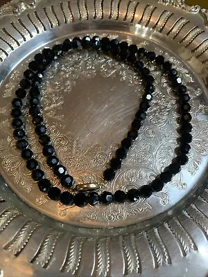 S.A.L. Swarovski Jet Black Glass Faceted Beaded Necklace Vintage Signed Jewelry • $32.04