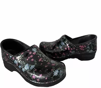 Dansko Black Blue Pink Floral Patent Leather Occupational Clogs Womens 40 / 9.5 • $17.50