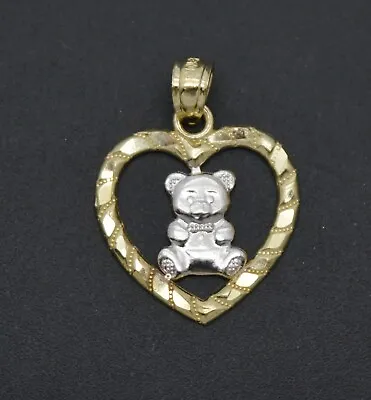 Real 10K Solid Yellow Gold Teddy Bear Inside The Heart Shiny Pendant • $62.28