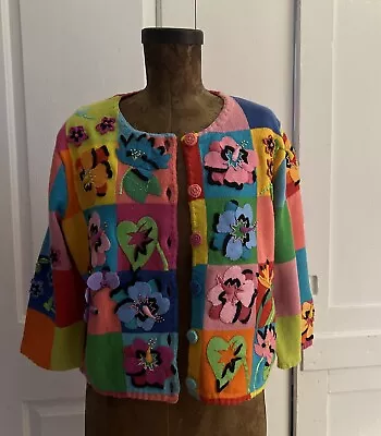 Vtg MICHAEL SIMON Vibrant Multicolor Floral Geometric Cardigan Sweater Medium • $149.99