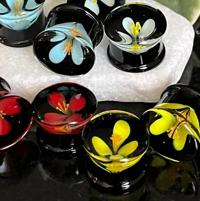 PAIR Floating Flower Black Pyrex Glass Double Flare Plugs Gauges Body Jewelry • $15.95