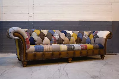 Handmade Large 4 Seater Multi Colour Wool & Leather Patchwork Chesterfield Sofa • £2395