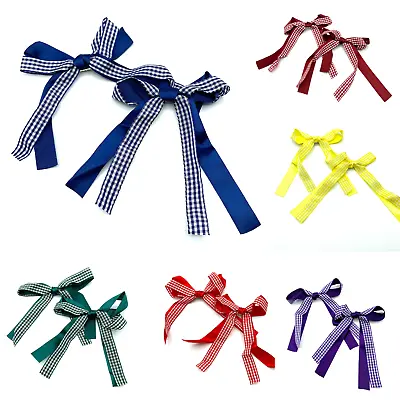 2 X Gingham School Hair Clips Gingham Hair Bow Ribbons Girls Hair Accessories • £3.99