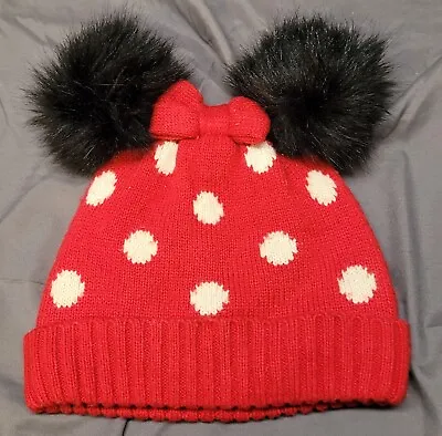 Mini Mouse Girl’s Red White Polka Dot Knit Warm Winter Hat Black Ear Pom Poms • $11.95