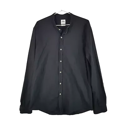 Zara Mandarin Collar Shirt Mens XL Black Relaxed Fit Pure Cotton Button Up • $12