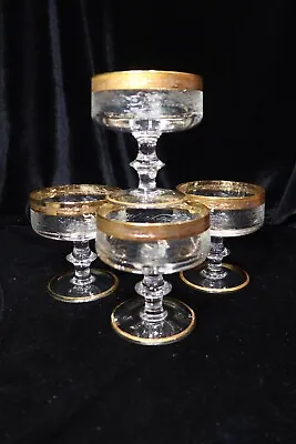 Vintage Murano Medici 4 Crystal Champagne Goblets Wide Gold Design Band 1970's • $50