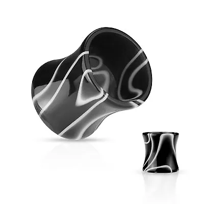PAIR-Marble Black/White Acrylic Double Flare Ear Tunnels 05mm/4 Gauge Body Jewe • $7.99