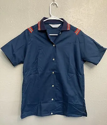 Vintage Hilton Bowling Shirt Blue With Red Stripes Pocket Size 36 • $14.20