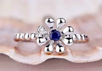$107.99 • Buy 1Ct Round Lab Created Blue Sapphire Flower Engagement Ring 14K White Gold Plated