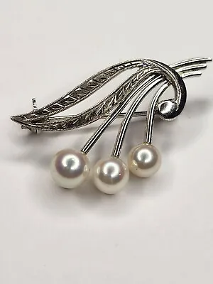 Vintage Mikimoto Sterling Silver 3 Pearl Brooch W/Delicate Silver Etching Signed • $185
