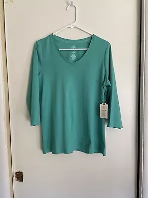 St. John’s Bay V Neck~3/4 Sleeve~Cotton Top/Tee~Marine Green~Size Large~NWT • $9.99