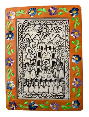 Framed OTOMI AMATE Bark Painting Wedding Scene Mexican Folk Art • $39