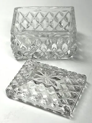 Vintage Clear Crystal Glass Rectangle Lidded Flower Diamond Pattern Trinket Box • $12