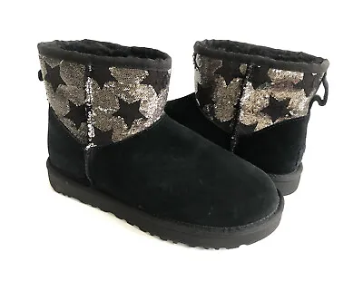 Ugg Classic Mini Ii Star Sequin Black Sparkly Boot Us 7 / Eu 38 / Uk 5 • $125