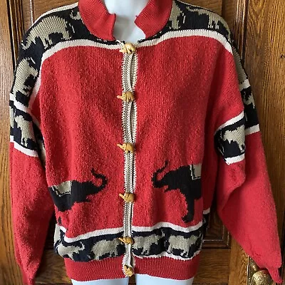 Vintage 80's FELIZZI Knit Cardigan Sweater Elephant Buttons Africa Safari Sz L • $55.99