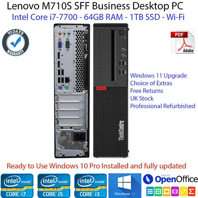 Windows 11 Pro Lenovo M910 SFF Intel I7-6700 7th Gen 64GB RAM 1TB SSD Desktop PC • £175