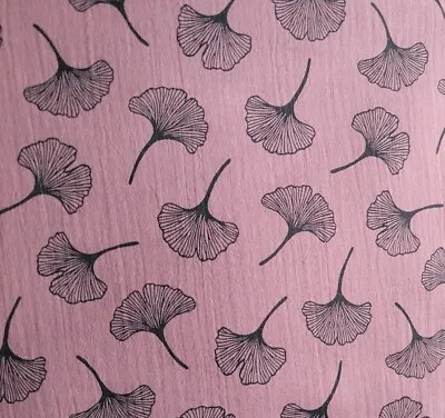 Dusty Rose Pink Cotton Muslin Double-Gauze W/ Gingko Leaves Print In Soft Black • $12