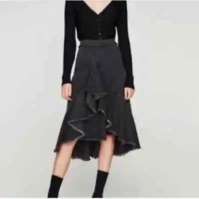 $35.95 • Buy Zara Denim Frayed Ruffle Midi Skirt Size Small