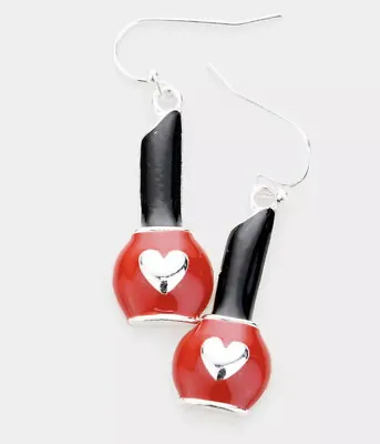 Valentines Day Love Red Nail Polish Bottle Heart Silver Tone Dangle Earrings • $7.49