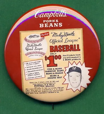 1962 STYLE  Mickey Mantle Campbell's Pork & Beans RP *PIN* Advertising Promo • $4.95