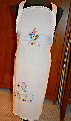 Vintage Full Bibbed Hostess Apron With Embroidered Belle In Garden • $16